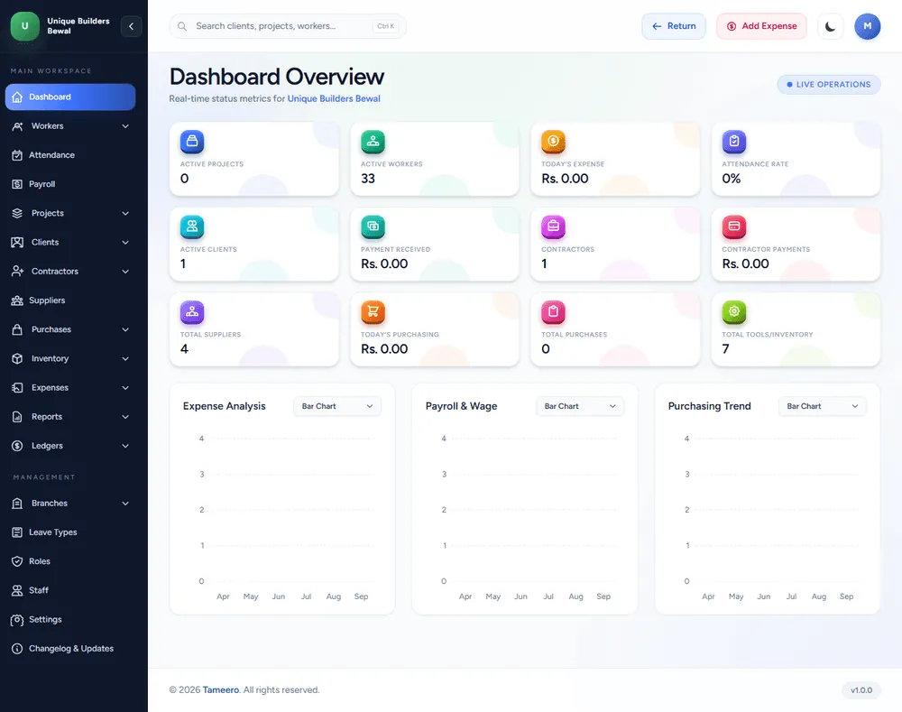 Tameero Construction ERP Dashboard Preview